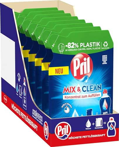 PRIL Mix & Clean Konzentrat zum Auffüllen (9 x 120 ml), Handgeschirrspülmittel mit höchster Fettlösekraft, für sauberes Geschirr auch in kaltem Wasser, 82% weniger Plastik