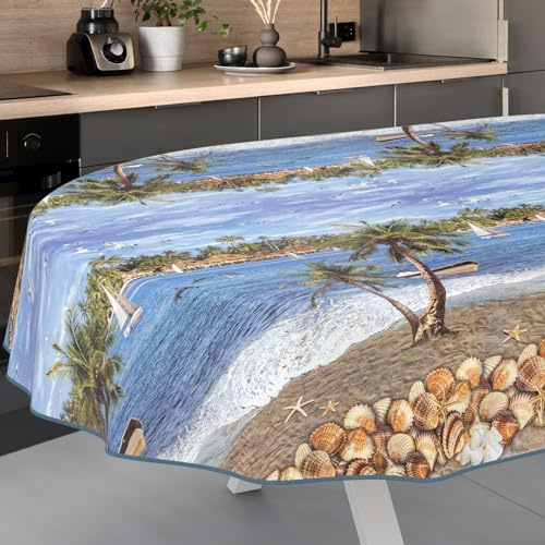Wachstuch-Tischdecke Tischdecke abwaschbar Wachstuch Garten-Tischdecke Outdoor Indoor Oval 220x140cm mit Saum Urlaub