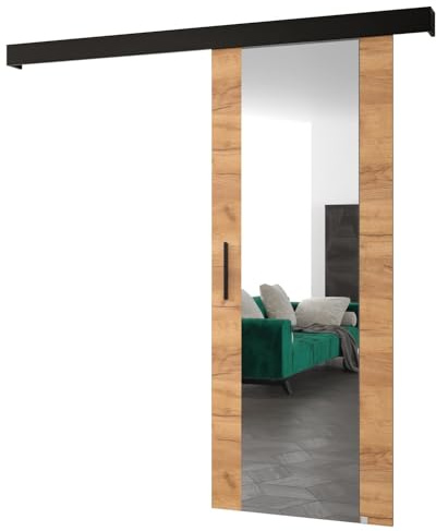 ABIKSMEBLE Salwador 2 Système de Porte Coulissante avec un Cache Rail et Miroir - Portes Coulissantes Murales Intérieures - Construction Solide - 80x204cm - Craft Or Noir Noir