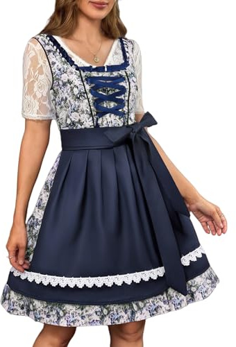 Zeagoo Dirndl, dam, midi, traditionell klänning, elegant, oktoberfest, klänningar, kostymmode, klänning, 2 delar. Tyskland festlig ölfest med förkläde, Blommor blå, M