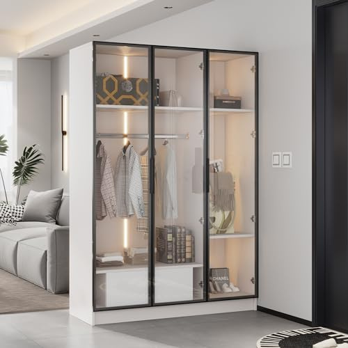 Lexiou Geräumiger weißer Kleiderschrank mit 3 Glastüren, 1 Schublade und 1 Kleiderstange - 110 * 50 * 160 cm - mit LED-Licht