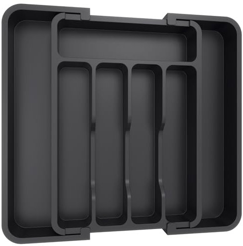 Lifewit Besteckkasten für Schubladen, verstellbarer Kunststoff Organizer Küche Tiefe 31 cm, Besteckeinsatz 5-7 Fächer, erweiterbar bis 37 cm, für Löffel und Gabeln, Schwarz, Mittel