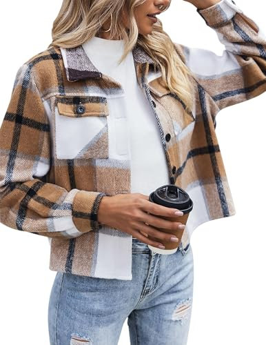 Zeagoo Übergangsjacke Damen Hemdjacke Karierte Kurz Shacket Langarm Hemd Bluse Mantel Flanell Jacke mit Knöpfen Braun L
