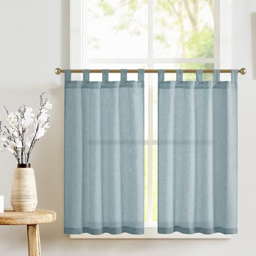 TOPICK Scheibengardinen mit Schlaufen Bistrogardine 2er Set H90xB65 Blau | Blickdicht Küchenvorhänge Leinenoptik Lichtdurchlässig Schrank Kurzgardine Küchfenster landhausstil küchengardine Wohnzimmer
