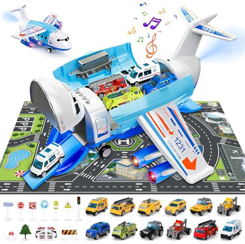 BuzzoXerex Transport Flugzeug Spielzeug, Frachtflugzeug mit Lichtern, Geräuschen und Zerstäuben, Flugzeugspielzeug Set mit 12 Teiliges Spielzeugauto, Lernspielzeug für Kinder ab 5 6 7 Jahre (Blau)