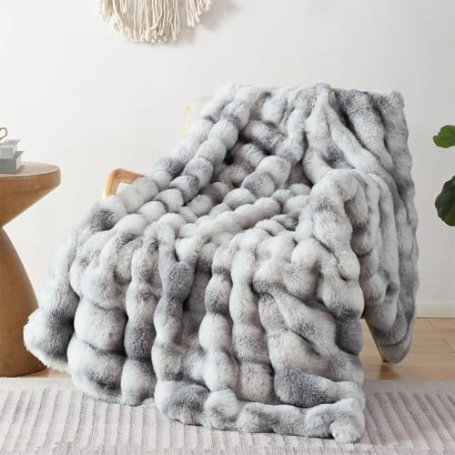 LINGKY Faux Rabbit Fur Luxury Plush Sherpa Throw Blanket - Super Soft Cozy Fuzzy Sofa Blanket Large Fluffy Blankets Warm Bed Throws for Couch Bed Sofa, 100x160cm, Tie Dye Grey