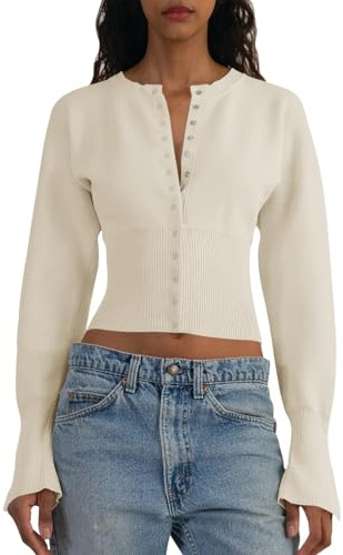 Cropped tröjor for damer med knapp och lång ärm V-ringad Ribbstickad Slim Fit Pullover Crop Tops(Apricot,S)
