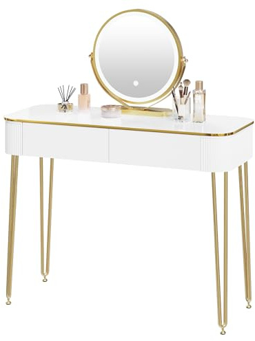 eSituro Toletta da Trucco Donna con Luci con LED Regolabile a 3 Livelli, Postazione Trucco con Specchio Rotondo e 2 Cassetti in Legno Massiccio, Bianco + Oro,SDT0083