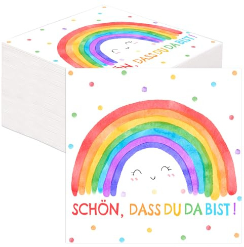 Lot de 40 serviettes décoratives arc-en-ciel - Pour la rentrée des classes - « Schön dass Du Da bist » - Décoration de table pour anniversaire d'enfant, communion, fête de jardin