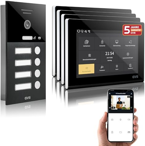 GVS IP Video Türsprechanlage mit Türöffner - 4x7 Monitor & App | Smarte Video Türklingel mit Kamera und Monitor & App - Gegensprechanlage mit Türöffner für 4 Familienhaus (AVS1292U)
