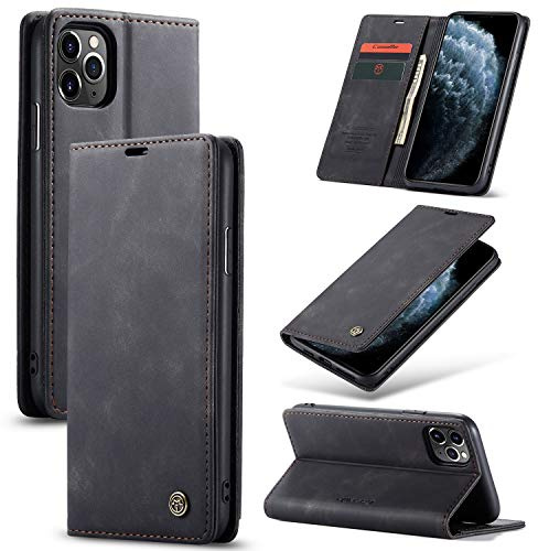 owlhold mobiltelefonfodral iPhone 11 Pro Max fodral vikbart fodral premium läderskal mjuk vintage mobilväska fällbart stativ skyddande fodral kortfack stativfunktion fodral iPhone 11 Pro Max – svart