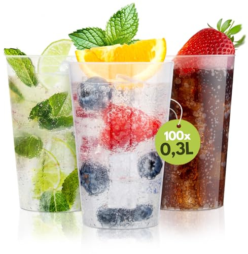 Trinklicht 100 Mehrwegbecher 0,3 L Plastikbecher Transparent Robust | Bruchsichere Trinkbecher, spülmaschinenfest, flexibler Kunststoff, für Kaltgetränke, Partybecher, Gastro & Events