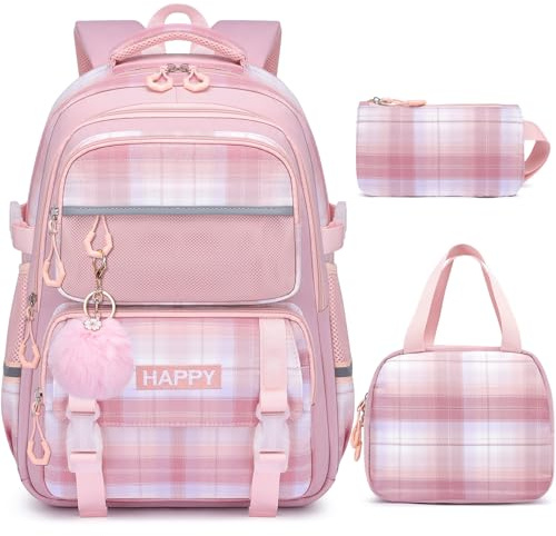 HANXIUCAO Cartable Fille Primaire - 24L Sac a Dos College Fille, Kawaii Léger avec Pendentif pour Enfants de 7 à 14 Ans, Rose