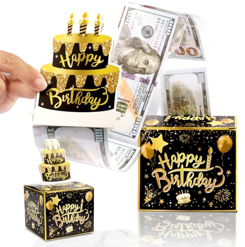 Elalove Schwarz Gold Geldgeschenk Box zum Geburtstag Happy Birthday Überraschungsbox mit Fotozubehör - Kreative Geschenkidee für Jugendweihe Konfirmation und Geburtstag DIY Spardose für Geldgeschenke