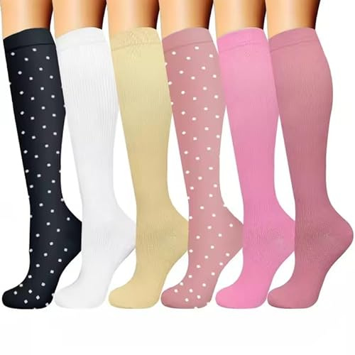 6 Paires Chaussettes de Compression Femme et Homme Bas de Contention 15-20 mmHg Chaussettes de Contention pour Athlétisme Course Sportive Voyage Avion Cyclisme Circulation