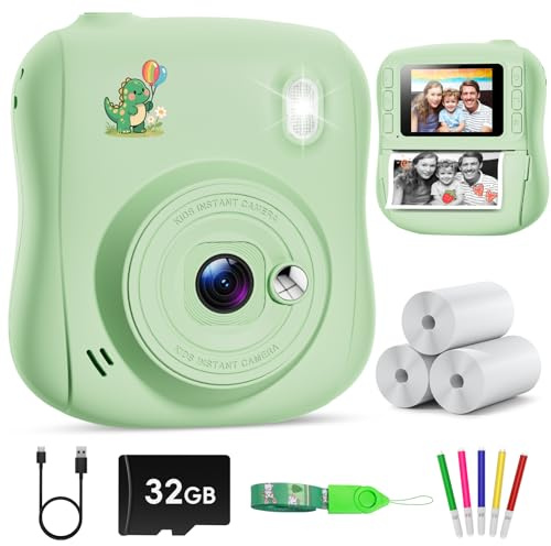 Hangrui Appareil Photo Instantané Enfant, 2,0 Pouces Écran HD Appareil Photo Enfant avec Carte de 32GB & 3 Rouleaux de Papier d'impression,Cadeau Jouet pour Enfant Garçons Filles de 3-10 Ans -Dinosaur