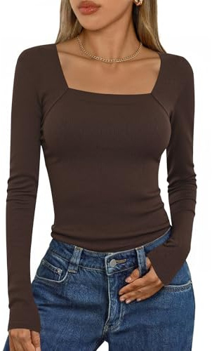 Aottori T-Shirt à Manches Longues Femme Col Carré Côtelé Chic élégant Slim Fit Haut Décontracté Tee Shirt Tunique Basic Top Tshirt Pull Brun M
