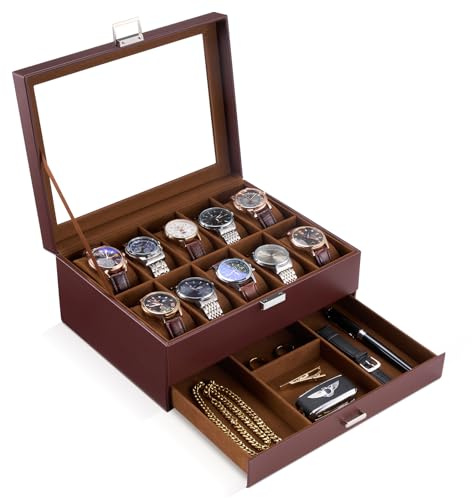 ProCase Klockbox för män, 10 spår herrklockfodral med låda, klockvisningsfodral med glaslock, 2-lagers klockhållare, organisatör, smycken och klockförvaring för män kvinnor – 10 fack, espresso