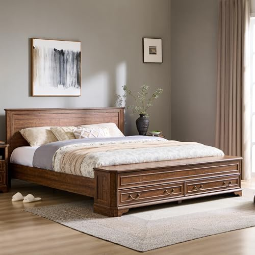 T4TREAM Farmhouse King Bed with Headboard and Storage Bench, Rustic Wood Platform Bed with 80 Storage Chest w/ 4 Large Drawer, Dark Brown