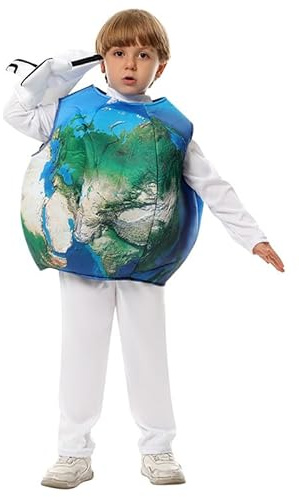 LAEMILIA Halloween-Kostüme für Kinder, Jungen, Erd-Kostüm, Mädchen, Planeten-Outfit, 3D-Globus, Welt-Kostüm mit Flugzeug-Handschuh, weißer Overall, Alter 5–10 Jahre