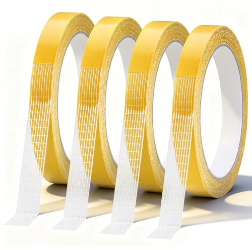Zocipro 4 Rollos Cinta Doble Cara Extrafuerte, 13mm * 10m Cinta de Malla de Tela Transparente de Doble Cara para Alfombras, Suelos, Pared, Fotos, Pósters