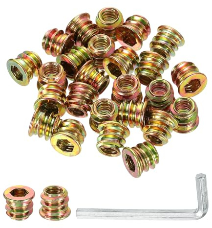 QUARKZMAN 10pcs Inserts d'Écrou UNC1/4-20 à Entraînement Hexagonal, Insert Fileté pour Bois 10mm, Goujons Filetés en Acier au Carbone, Connecteur de Fixation Écrou à Visser avec Clé, Doré