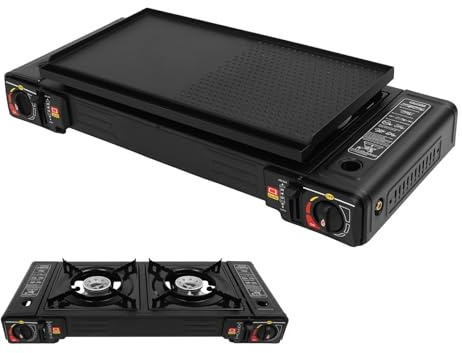 Chynalys Gaskocher 2-Flammig 2×2500W Gaskocher mit Grillplatte, Campingkocher 2 Flammig, Camping Gaskocher 2 Flammig, Überdruckschutzventil, Campingkocher für Töpfe bis 34cm