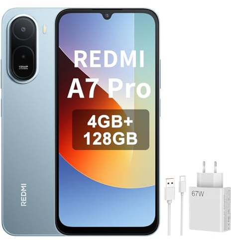 XIAOMI Smartphone Redmi A7 Pro 4 + 128 GB 6,9 120 Hz HyperOS 3 6000 mAh Dual SIM, blu nebbia, caricatore da 67 W incluso
