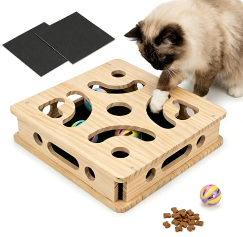 Moxzolo Kratzbrett Katze & Intelligenzspielzeug Katze, Braune Massivholz Krallenpflege Katze Box mit 3 Schleifpapier-Pads & 4 Glockenbällen, 8-Schrauben