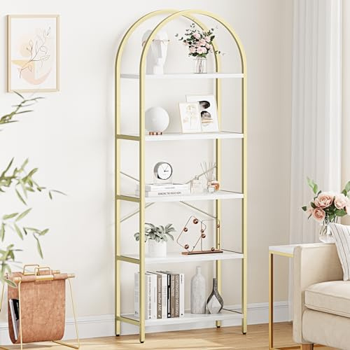 ApothCasa Arched Bookcase 5-Tier Freestanding Bookshelf with Metal Frame, Open Display Shelves, Slim Etagere Storage Rack for Living Room, Bedroom, Home Office, White Gold Finish, 60 x 28 x 180 cm