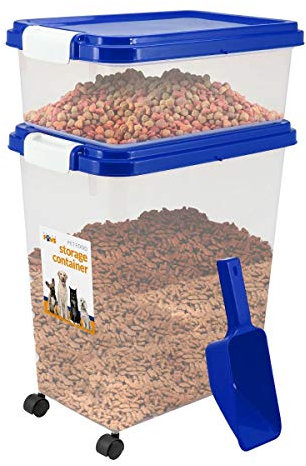 3 Piece Pet Food Airtight Storage Container With Plastic Measuring Scoop Treats And Dry Food Storage and Dispenser For Dogs Cats and Various Small Pets (Blue)