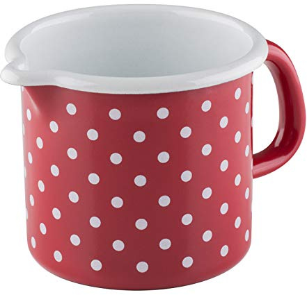 Riess, 0039-077, Schnabeltopf ø 10cm, PÜNKTCHEN ROT, Rot, Emaille, Vol. (rec.): 0,8 Liter, Made in Österreich, LBH: 16,3x11,3x10,0cm, 0,320kg, Kanne mit Henkel, Deckel, Induktionskocher kompatibel