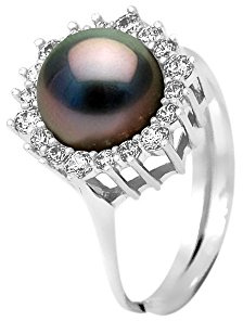 PEARLS & COLORS - Bague Joaillerie Véritable Perle de Culture de Tahiti Ronde 8-9 mm - Qualité A+ - Argent Massif 925 Millièmes - Taille Ajustable - Bijou Femme