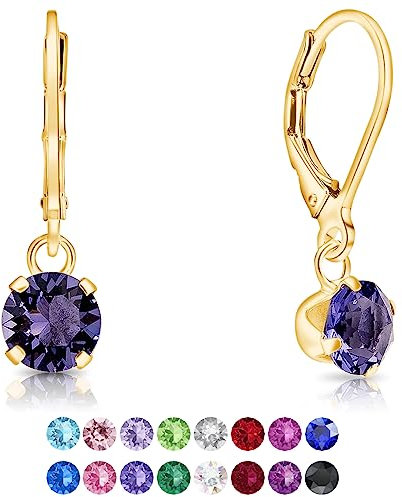 Pendientes Colgantes Plata de Ley 925 Chapados Oro 24K con Brillantes de Cristal Tanzanita 6 mm - Joyería Regalo Mujer Oro - Clásicos, Elegantes, Dorados y Hipoalergénicos