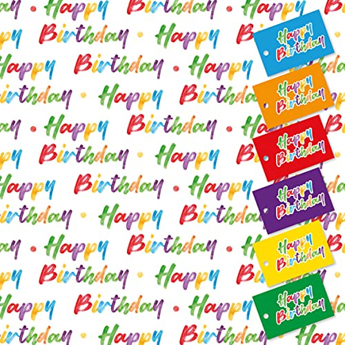 Happy Birthday Wrapping Paper. 5 XL Sheets (50 x 70cm). Gift Wrap with Matching Tags. Cutting Grid on Reverse.