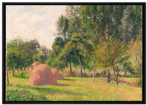 Pixxprint Camille Pissarro - Haystacks Morning Eragny Leinwandbild 100x70 cm im Bilderahmen, Wandbild, Schattenfugenrahmen, Kein Poster