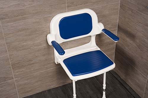 AKW Wall Mounted Fold-up Shower Seat for Elderly, Padded Seat & Armrests, Height Adjustable - Blue