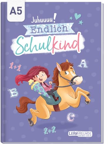 Endlich Schulkind A5 Einschulungsalbum Geschenk Schultüte Pferd Lila | Für Schulstart & Schultüte: 48 Ausfüllseiten mit 170g/m²-Papier, Hardcover & Fadenbindung - für Fotos und Erinnerungen