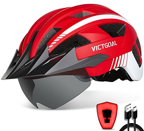 VICTGOAL Cykelhjälm MTB-hjälm med avtagbara magnetiska skyddsglasögon, avtagbar visir, lättviktig hjälm för vuxna (XL: 59–63 cm, röd)