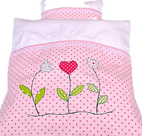 Puppen Bettwäsche Bestickt – 4-teiliges Set  el verano  für Puppenwagen oder Puppenbett
