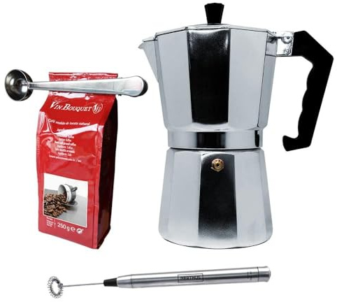 NERTHUS FIH 1135 set cafetera italiana aluminio inducción 9 tazas espumador leche cuchara y pinza para café