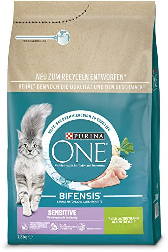 PURINA ONE BIFENSIS Sensitive Katzenfutter trocken, reich an Truthahn, 4er Pack (4 x 2,8kg)