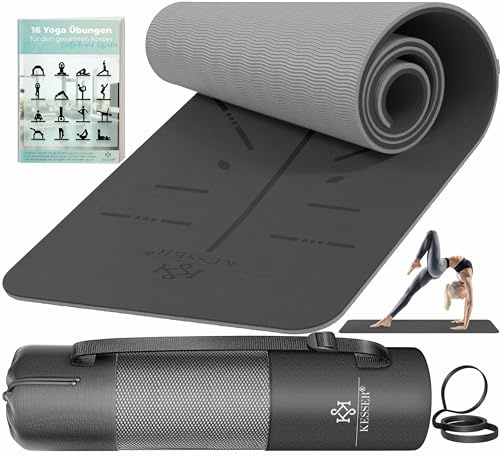 Kesser® - Tappetino da ginnastica con tracolla, in TPE, imbottito e antiscivolo, extra spesso, 183 x 61 cm, per yoga, fitness, sport, pilates, ginnastica, allenamento, colore grigio