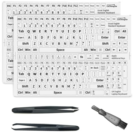 2 Pcs White English Keyboard Stickers, Universal Keyboard Letters Replacement Sticker, Suitable for Any Standard Keyboard, with Two Tweezers and Cleaning Brush (White-Us-Matte)