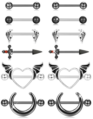 JOERICA 6 Pairs 14G Nipple Rings for Women 316L Stainless Steel Heart Butterfly Moon CZ Flower Barbell Nipple Rings Set Cute Nipplerings Piercing Jewelry