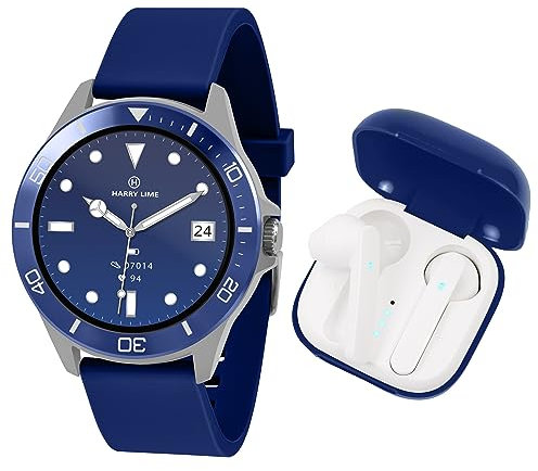 Harry Lime Montre connectée Series 7 avec Bracelet en Silicone Bleu Marine avec écouteurs sans Fil dans Un étui de Chargement