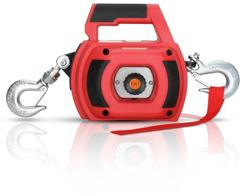 Lonsge Portable Drill Winch of 1000 Lbs, Red Handheld Drill Winch with 40 Foot Synthetic Rope, Rotate The Hook 360 Degrees, for Lifting & Dragging(Red)
