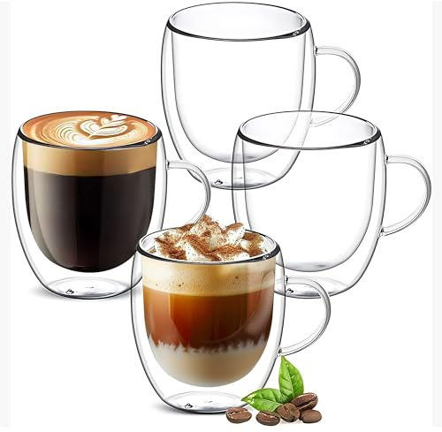 YMMIND Set of 4 Double Walled Glass Coffee Mugs 3 Ounces Insulated Layer Coffee Cups with Handle Borosilicate Glass Espresso Cup for Hot Beverage,Cappuccino,Tea,Latte,Wine,Microwave Safe