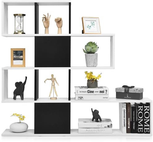 SOARS Bücherregal, Treppenregal mit 5 Ebenen, Raumteiler Regal Holz, modernes Stufenregal, Standregal, Würfelregal für Büro, Wohnzimmer, Schlafzimmer (Weiß + Schwarz)