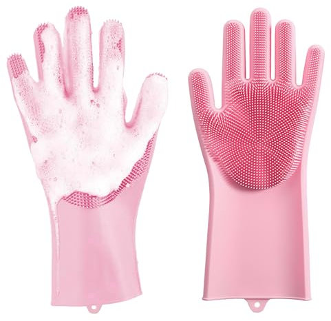 LLGSDLL Wiederverwendbare Haushaltshandschuhe, Silikon Spülhandschuhe mit Wash Scrubber, Magische Spülhandschuhe, Reinigungshandschuhe Haushalt für Küche, Bad, Auto, Haustierpflege